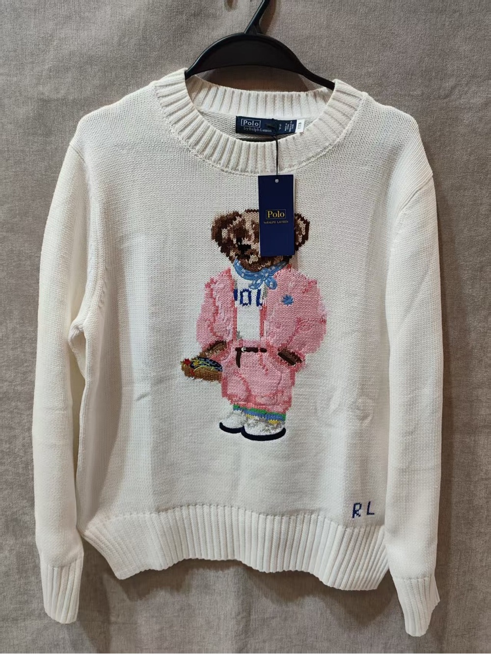 Ralph Lauren Cream Knit Sweater with Pink Bear Motif